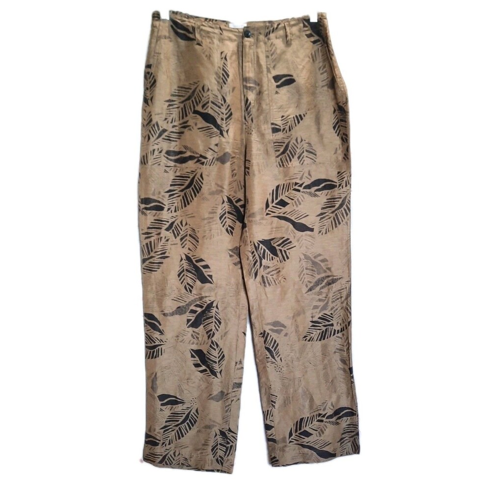 Vintage Chico's Silk Linen Blend Leaf Print Pants Brown Tan Wide Leg Boho Sz 1 M